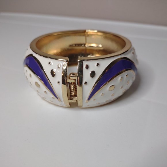 White, Purple, And Gold Tone 7 Inch Hinged Bangle - Picture 4 of 11